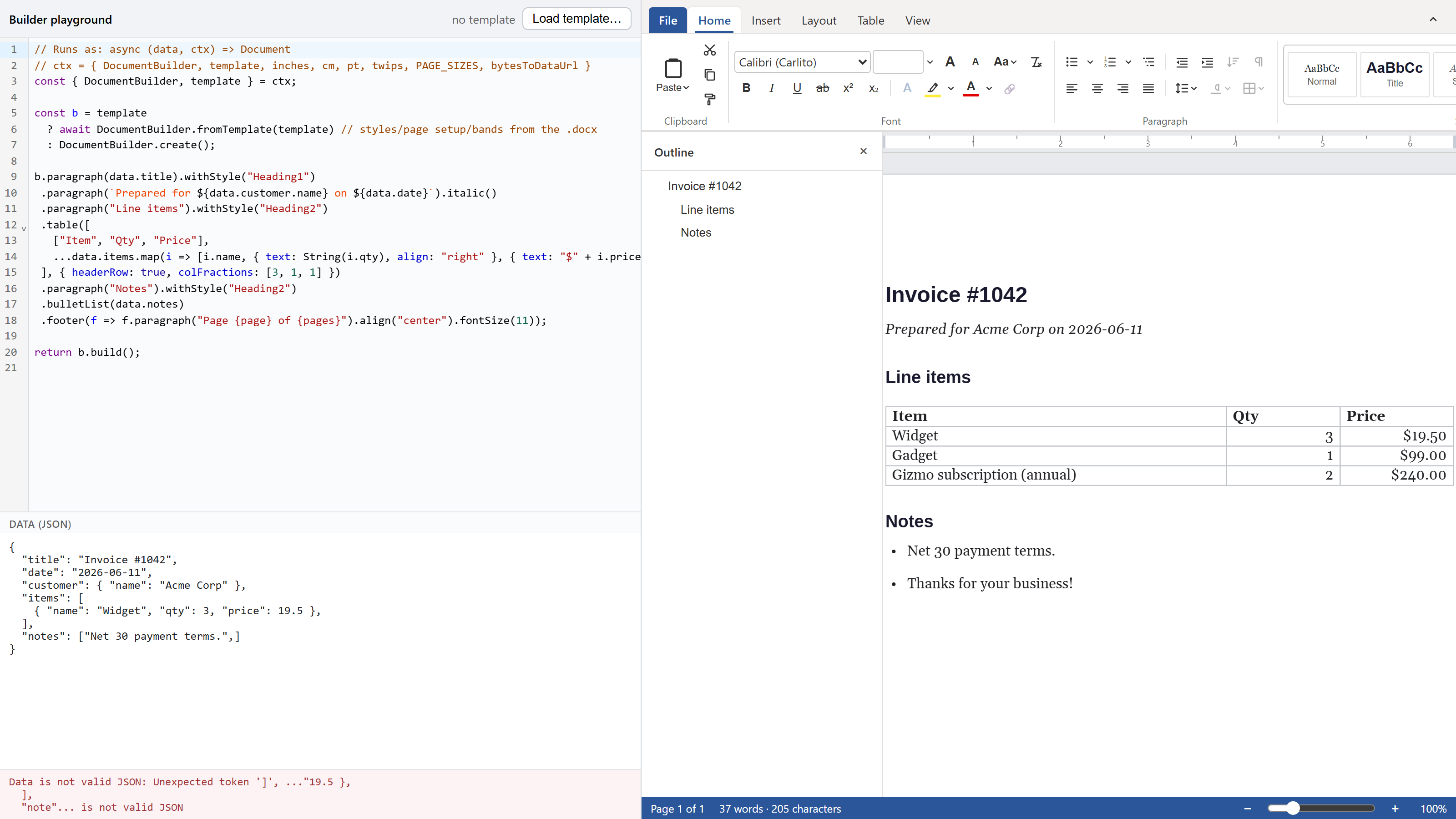 Invalid JSON in the data pane: the status line names the bad token and the previous invoice stays rendered.