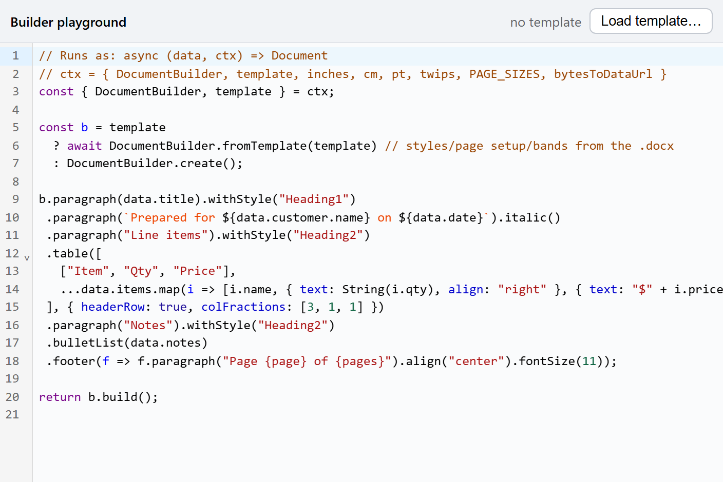 The builder code: paragraph, table, bulletList, footer, each on one chain.