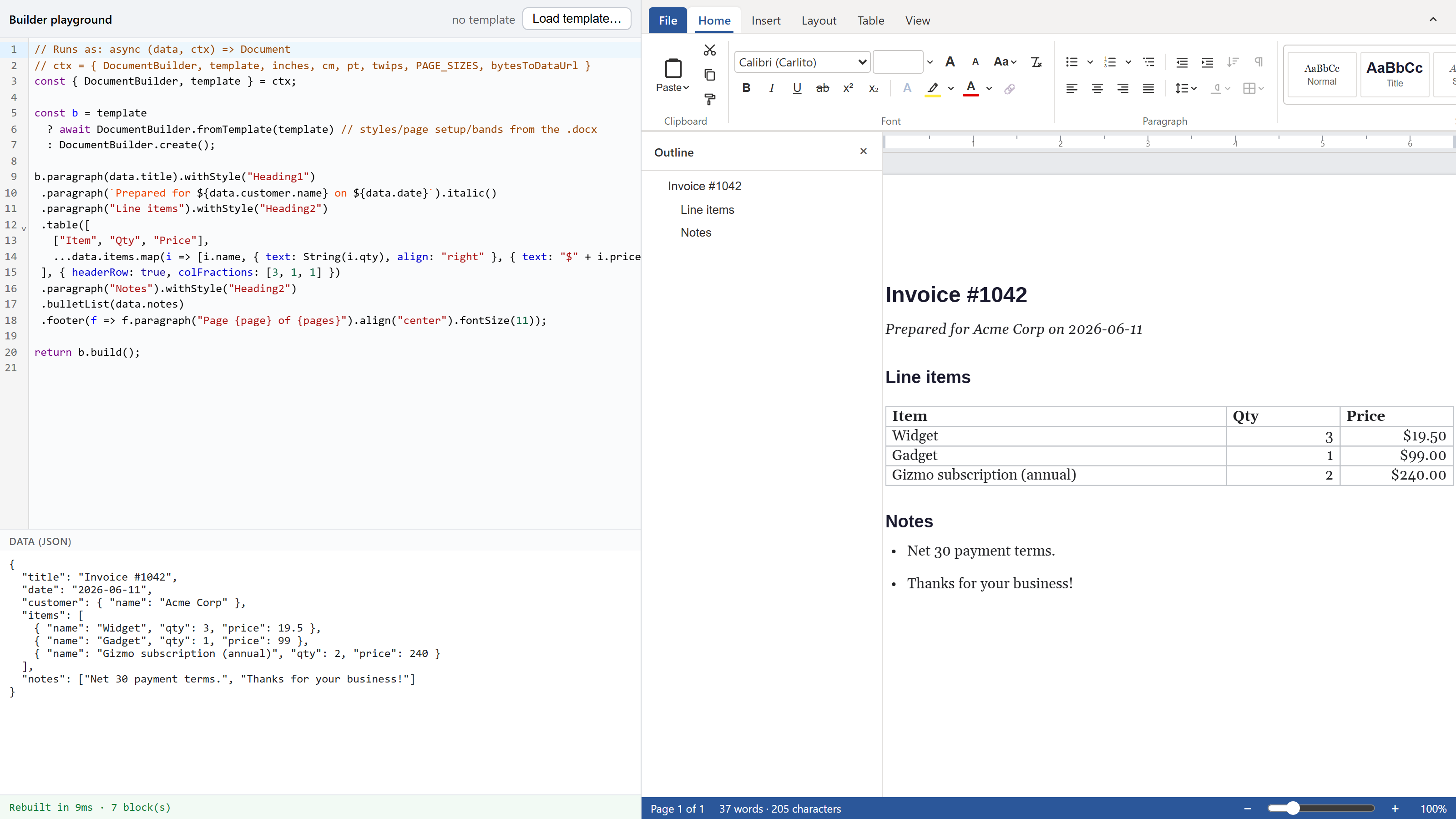 Compose a Word document in TypeScript and watch it render as you type