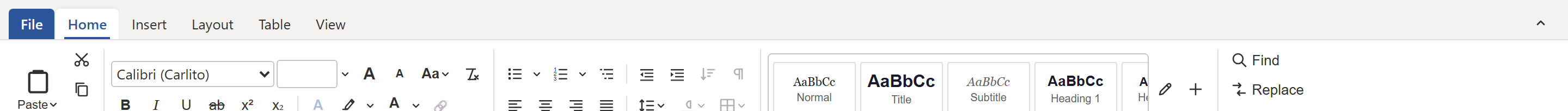 The Home ribbon: styles gallery, font controls, paragraph group