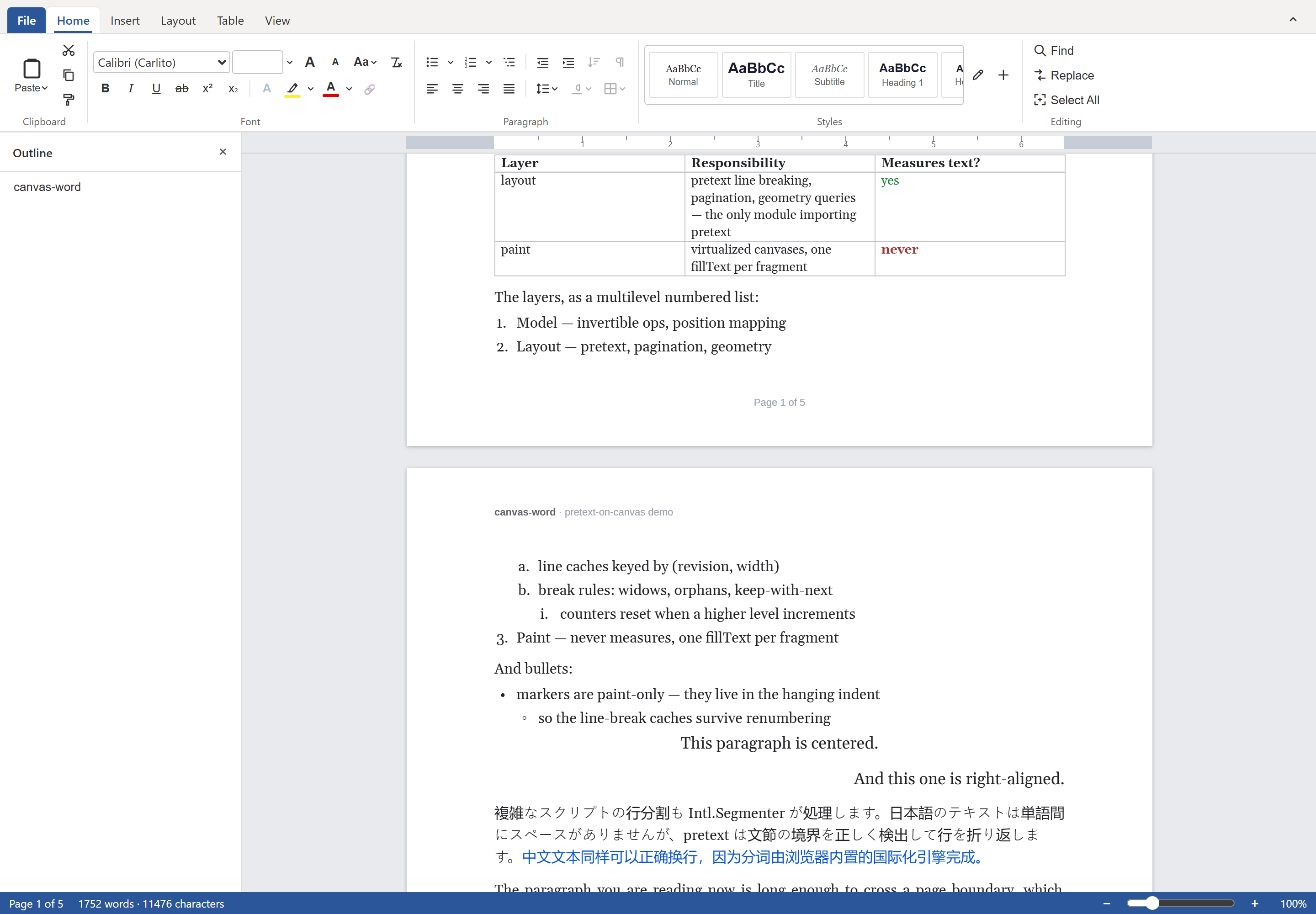 A table, a multilevel list, the page-1-of-5 boundary, and the next page running header in one scroll